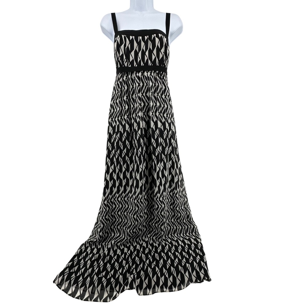 Monsoon Silk Maxi Dress Black White Geometric Elegant Chic Luxury Guest UK12 US8